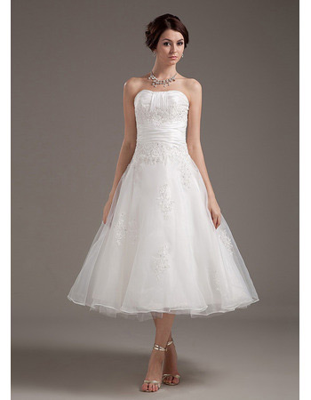 Casual A-Line Strapless Tea Length Short Reception Wedding Dresses