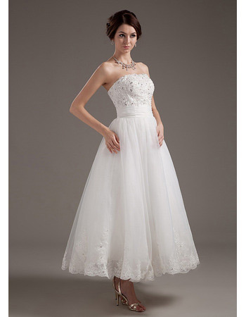 Discount Summer Strapless Tea Length Reception Wedding Dresses