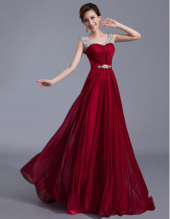 Inexpensive Custom Chiffon Sweep Train Round Neck Evening Dresses