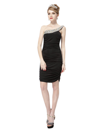 Inexpensive One Shoulder Short Black Satin Homecoming/ Party Dresses