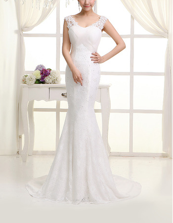 Inexpensive Sexy Lace Mermaid Round/ Scoop Sweep Train Wedding Dresses