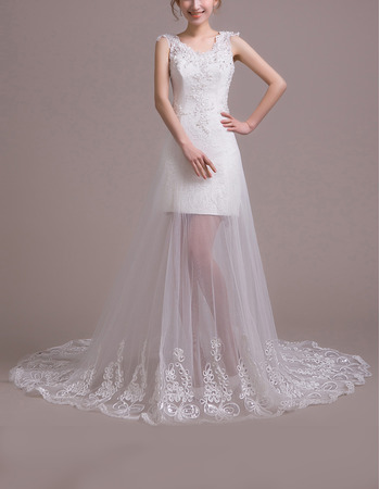 Inexpensive Custom Organza Sweep/ Brush Train Sheath Wedding Dresses