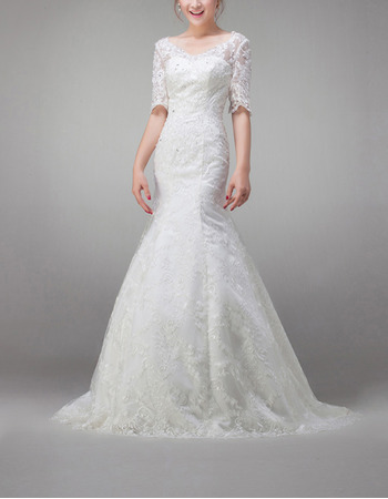 Affordable Sexy Lace Mermaid Sweep Train Wedding Dresses with Sleeves