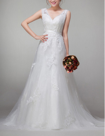 Affordable Vintage A-Line V-Neck Sweep Train Organza Wedding Dresses