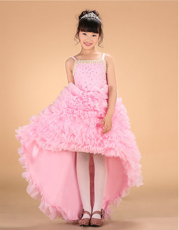 Affordable Straps High-Low Asymmetric Ruffle Little Girls Party Dresses