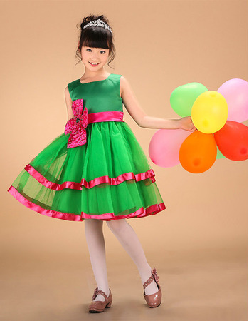 Green Layered Skirt Little Girls Holiday Dresses with Sashes