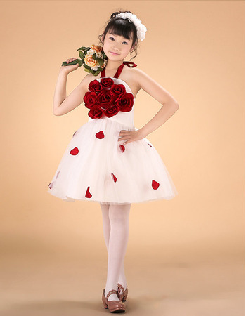 Inexpensive Halter Mini Little Girls Party Dresses with 3D Flowers