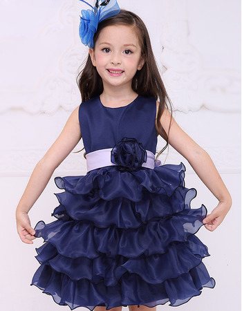 Discount Short Satin Layered Skirt Flower Girl Dresses with Sashes