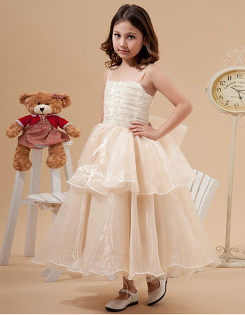 Spaghetti Straps Tea Length Organza Little Girls Party Dresses