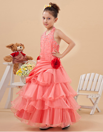 Beautiful Halter Ankle Length Layered Skirt Little Girls Party Dresses