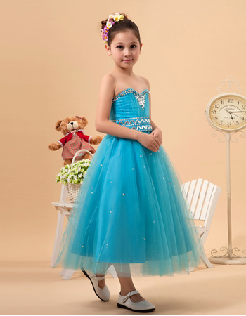 Custom Sweetheart Tea Length Satin Tulle Little Girls Party Dresses