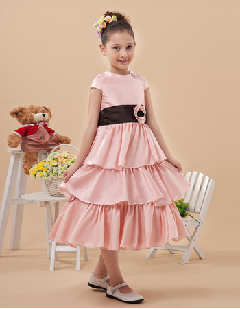 Custom Cap Sleeves Tea Length Layered Skirt First Communion Dresses