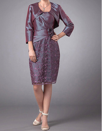 Modest Column Knee Length Taffeta Lace Mother Dresses with Jackets