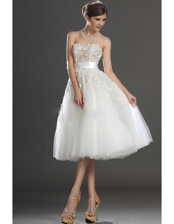 Affordable A-Line Strapless Knee Length Satin Tulle Wedding Dresses