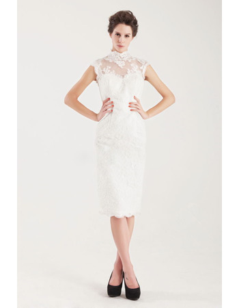 Sheath Mandarin Collar Knee Length Lace Short Wedding Dresses