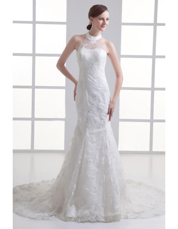 Custom Mermaid High-Neck Court Train Satin Tulle Wedding Dresses