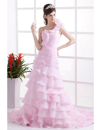 Discount One Shoulder Chapel Train Satin Organza Pink Wedding Dresses