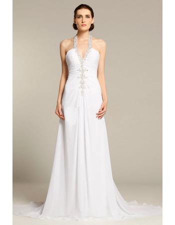 Sexy Sheath Halter Sleeveless Chapel Train Chiffon Wedding Dresses