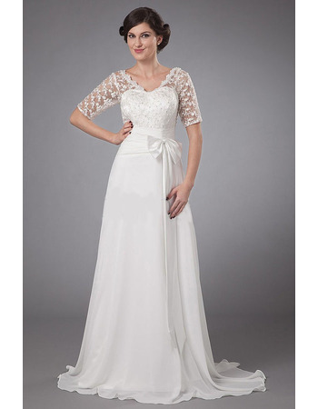 Fall V-Neck Sweep Train Chiffon Wedding Dresses with Lace Sleeves