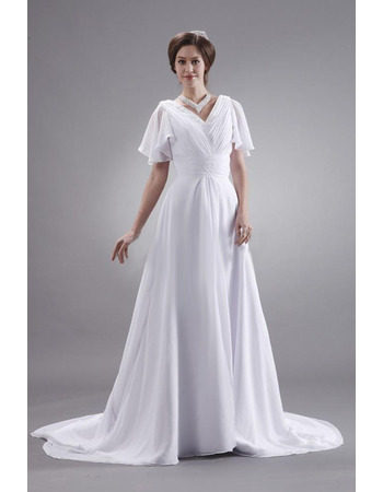 Custom V-Neck Chapel Train Chiffon Wedding Dresses with Short Sleeves