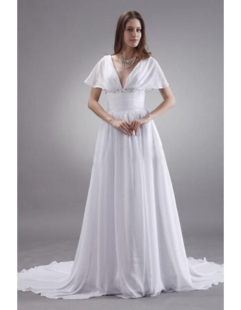 Discount V-Neck Chapel Train Chiffon Wedding Dresses with Cap Sleeves