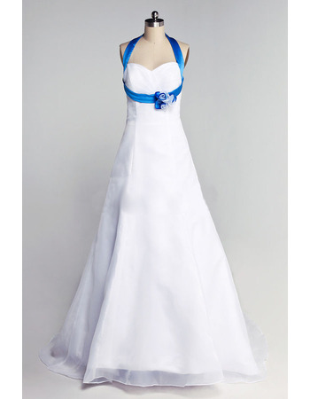 Inexpensive Blue Halter A-Line Floor Length Satin Wedding Dresses
