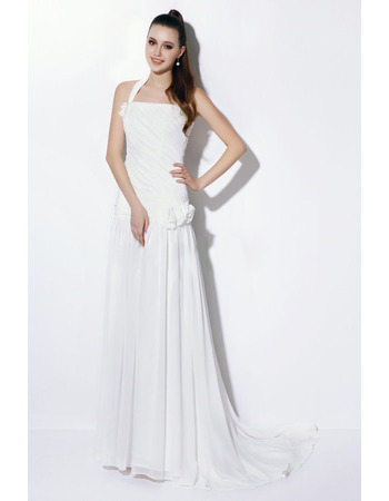 Elegant Sheath Halter Long Chiffon Dropped Waist Wedding Dresses