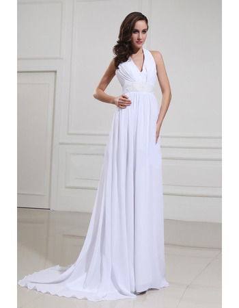 Spring Sheath Halter Sweep Train Chiffon Wedding Dresses with Bows