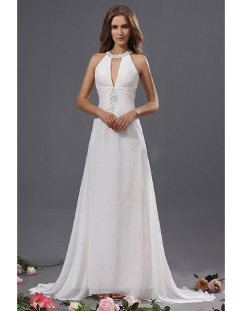 Discount Sexy Sheath Halter Sweep Train Chiffon Wedding Dresses