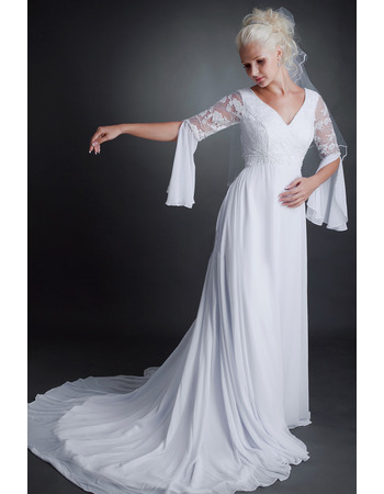 New V-Neck Court Train Chiffon Wedding Dresses with Lace Sleeves