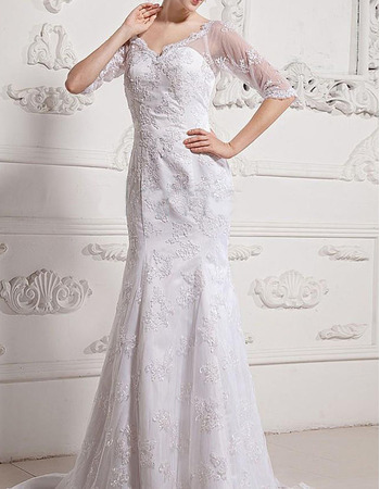 Discount Sheath Court Train Lace Wedding Dresses with Half Sleeves