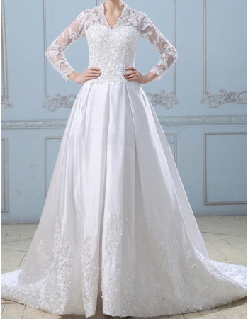 New A-Line V-Neck Chapel Train Wedding Dresses with Long Sleeves