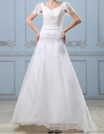 Custom A-Line V-Neck Sweep Train Wedding Dresses with Short Sleeves