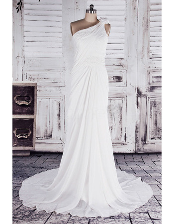 Custom One Shoulder Chiffon Court Train Sheath Wedding Dresses