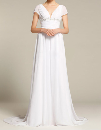 V-Neck Cap Sleeves Sweep Train Chiffon Wedding Dresses