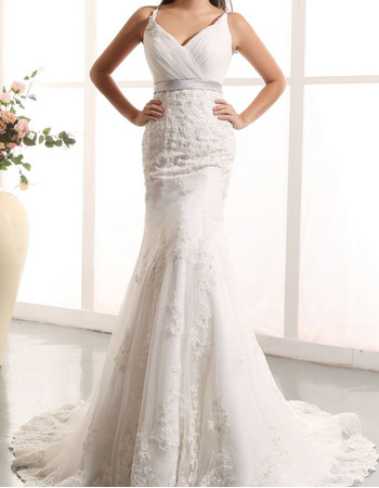 Custom Sheath Spaghetti Straps Court Train Tulle Wedding Dresses