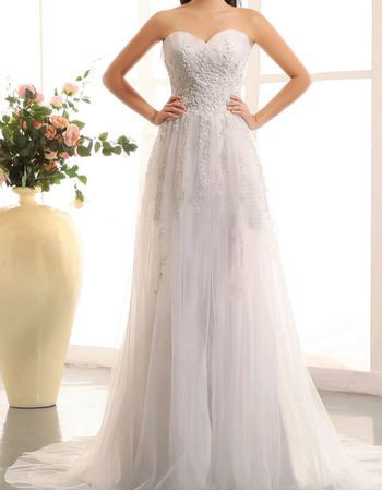 Discount A-Line Sweetheart Sweep Train Tulle Applique Wedding Dresses