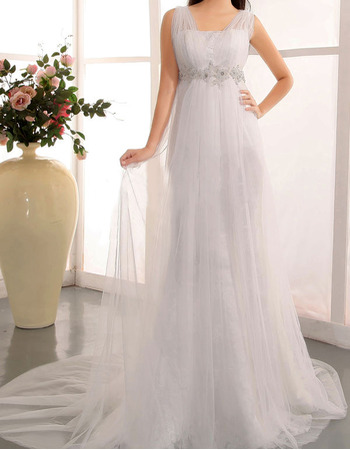 Elegant Sheath Straps Sweep Train Tulle Satin Wedding Dresses