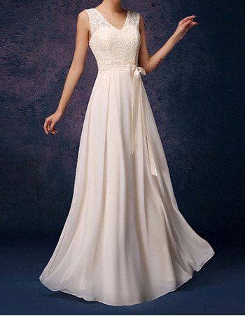 V-Neck Floor Length Lace Chiffon Bridesmaid Dresses with Sashes