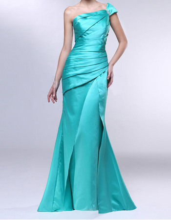 Sexy Sheath One Shoulder Floor Length Satin Pleated Evening Dresses