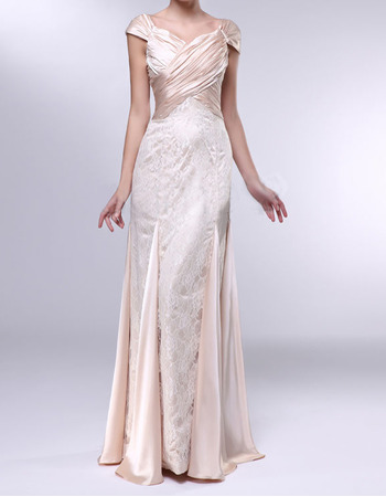 Custom Sheath Sweetheart Cap Sleeves Floor Length Lace Evening Dresses