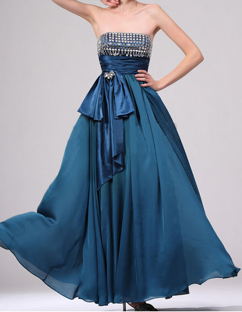 A-Line Strapless Floor Length Chiffon Rhinestone Evening Dresses