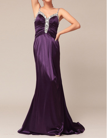 Sexy Sheath Spaghetti Straps Sweep Train Satin Beading Evening Dresses