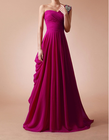 Elegant A-Line One Shoulder Sweep Train Chiffon Evening Dresses