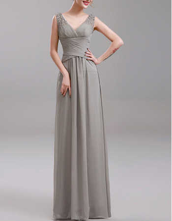 Custom Column V-Neck Sleeveless Floor Length Chiffon Evening Dresses