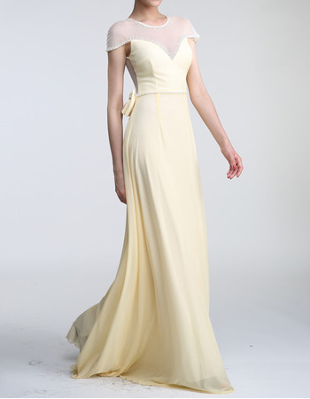 Affordable Sheath Cap Sleeves Floor Length Chiffon Evening Dresses