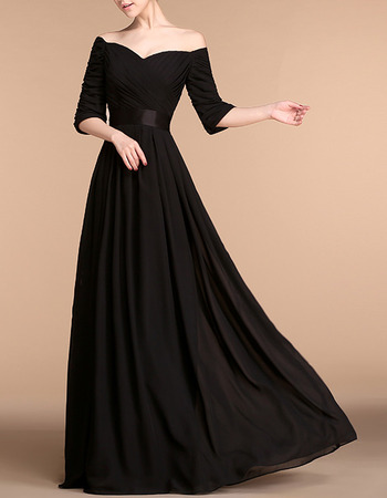 Custom Off-the-shoulder Floor Length Chiffon Evening Dresses with Sleeves