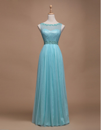 Custom A-Line Bateau Sleeveless Floor Length Tulle Evening Dresses