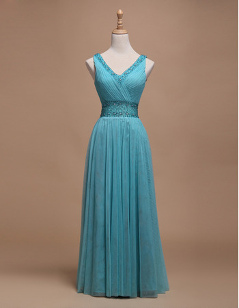 Inexpensive A-Line V-Neck Sleeveless Floor Length Tulle Evening Dresses