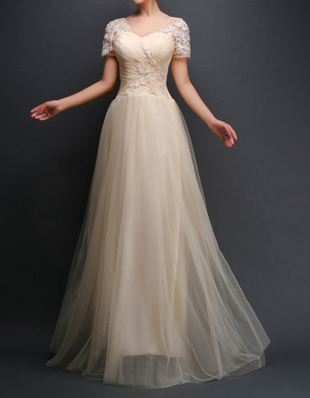 Custom Sweetheart Long Tulle Evening Dresses with Short Sleeves